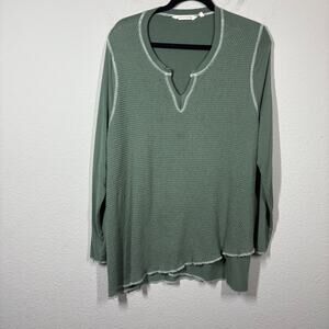 Soft Surroundings Plus 1X Asymmetric Hem Sweater Olive Green Henley Waffle Knit